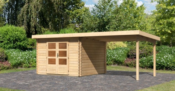 Karibu Gartenhaus Bastrup 5 mit Anbau 3m 28mm Blockbohlenhaus 580x297cm unbehandelt