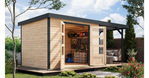 Karibu Hybridhaus Jupiter 4 A mit Anbau 299 x 214 cm unbehandelt