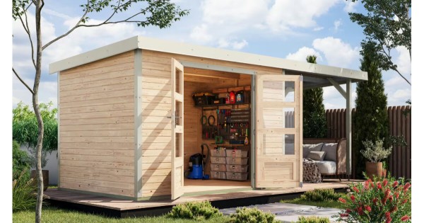 Karibu Hybridhaus Jupiter 4 A mit Anbau 299 x 214 cm unbehandelt