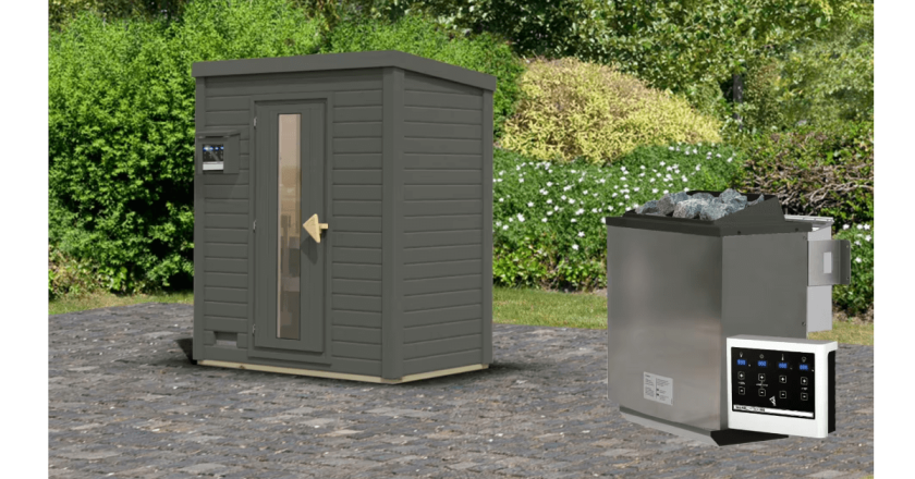 Karibu Sauna Hytti 0 terragrau mit 9 kW Bio-Ofen mit externer Steuerung