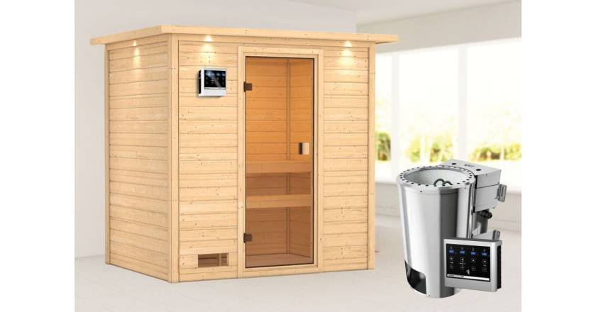 Karibu Sauna Selena mit Dachkranz + 3,6kW Plug&Play BIO Kombi-Ofen externe Steuerung