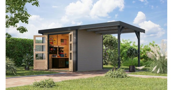 Karibu Hybrid Gartenhaus Jupiter 3 D 19 mm 234x209 cm mit Anbau wassergrau