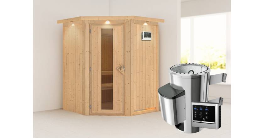 Karibu Sauna Nanja mit Dachkranz + 3,6kW Saunaofen mit ext. Steuerung Easy
