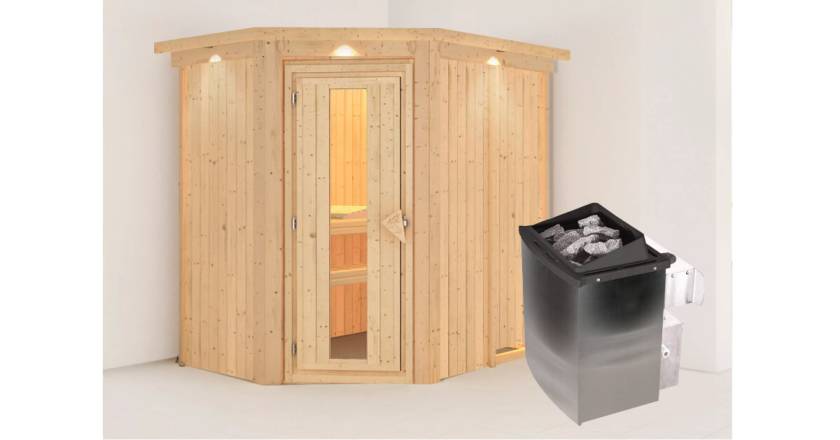 Karibu Sauna Carin mit Dachkranz + 9kW Saunaofen mit integrierter Steuerung