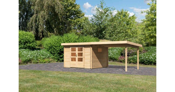 Karibu Gartenhaus Trittau 3 mit Anbau 3,3m 38mm Blockbohlenhaus 580x297cm unbehandelt