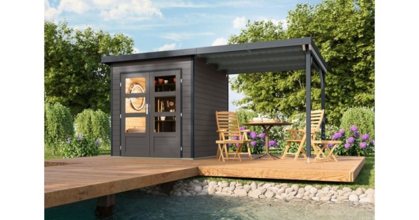 Karibu Hybrid Gartenhaus Pluto 1 B mit Anbau 2,33m 428,5 x 200,5 cm terragrau