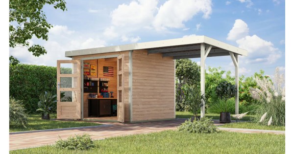 Karibu Hybrid Gartenhaus Jupiter 3 A 19 mm 234x209 cm mit Anbau unbehandelt