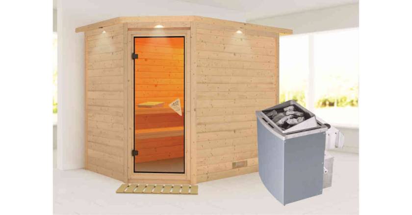 Karibu Sauna Tanami mit Dachkranz + 9kW Saunaofen mit integr. Steuerung