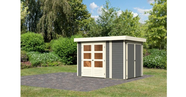 Karibu Gartenhaus Retola 2 terragrau 19mm mit Anbauschrank