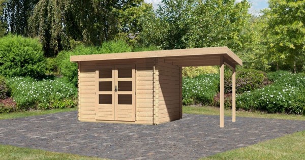 Karibu Gartenhaus Bastrup 3 mit Anbau 2m 28mm Blockbohlenhaus 480x237cm unbehandelt