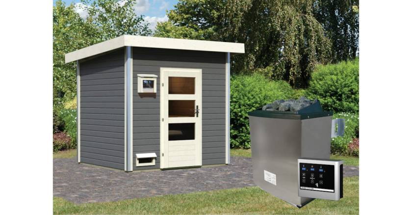 Karibu Sauna Norge Terragrau + 9 kW BIO-Kombiofen mit ext. Steuerung Easy