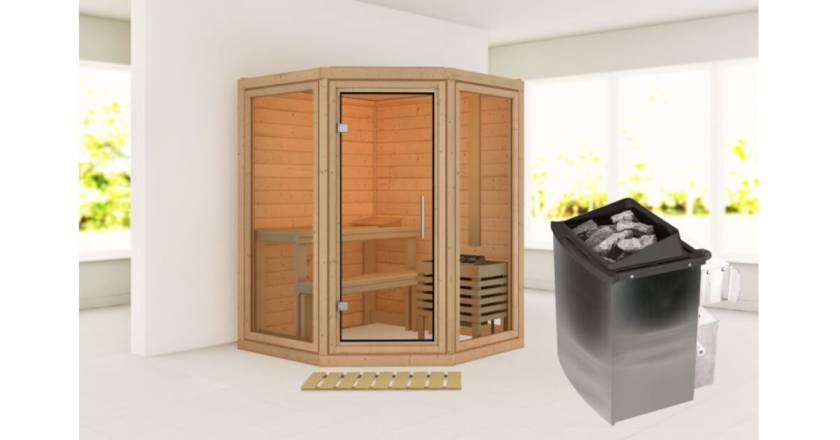 Karibu Sauna Yuma mit 9 kW Ofen mit integrierter Steuerung