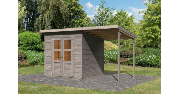 Karibu Gartenhaus 14 mm Merseburg 4 Gerätehaus mit Anbau 374 x 214 cm vorvergraut