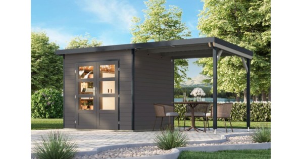 Karibu Hybrid Gartenhaus Pluto 2 B mit Anbau 2,33m 469 x 200,5 cm terragrau