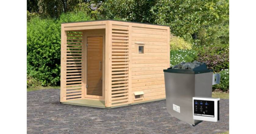 Karibu Sauna Angkor 1 naturbelassen mit 9 kW Ofen mit externer Steuerung
