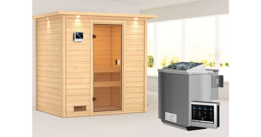 Karibu Sauna Selena mit Dachkranz + 9kW BIO-Kombiofen mit ext. Steuerung Easy