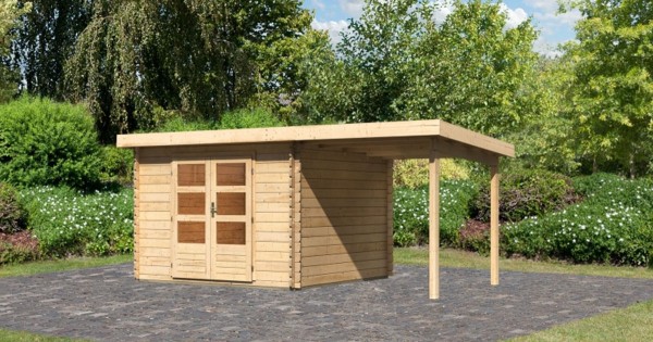 Karibu Gartenhaus Bastrup 5 mit Anbau 2m 28mm Blockbohlenhaus 480x297cm unbehandelt