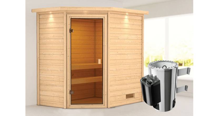 Karibu Jella Ecksauna mit Dachkranz + 3,6kW Plug&Play Ofen integrierte Steuerung-Copy