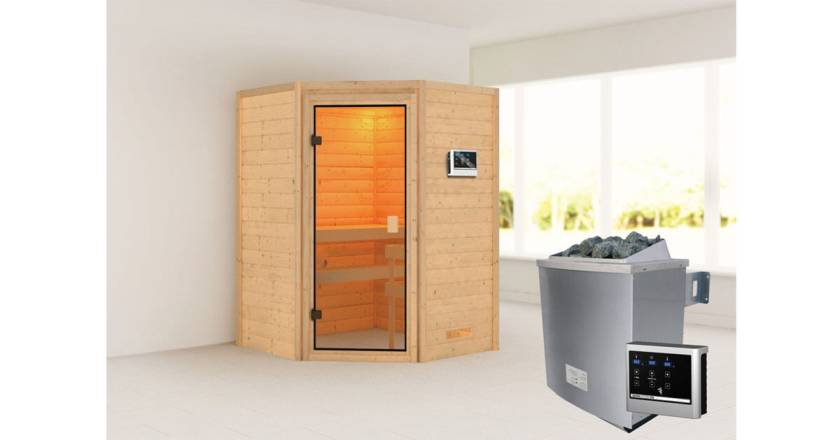 Karibu Ecksauna Antonia mit Dachkranz + 9kW Saunaofen mit ext. Steuerung Easy