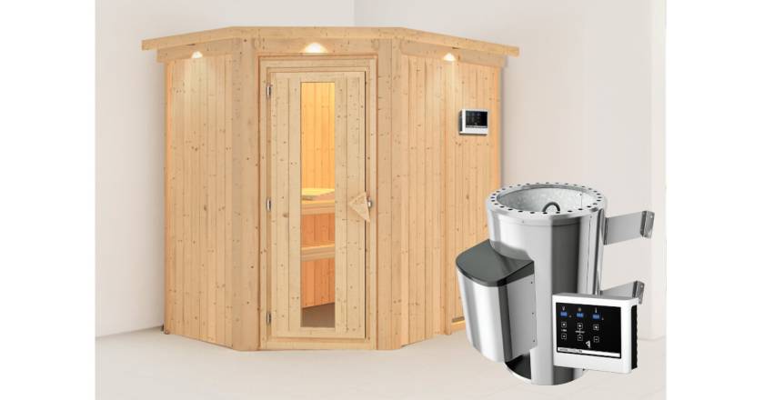 Karibu Sauna Caspin + 3,6kW Saunaofen mit ext. Steuerung Easy