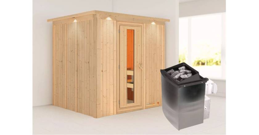Karibu Sauna Sodin mit Dachkranz + 9kW Saunaofen mit integrierter Steuerung