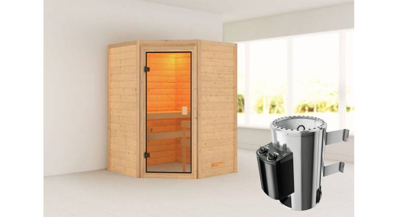 Karibu Ecksauna Antonia + 3,6kW Plug&Play Ofen integrierte Steuerung