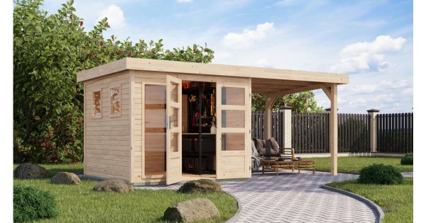Karibu Gartenhaus 19 mm Lahar 3,5 naturbelassen mit Anbau 242 x 246 cm