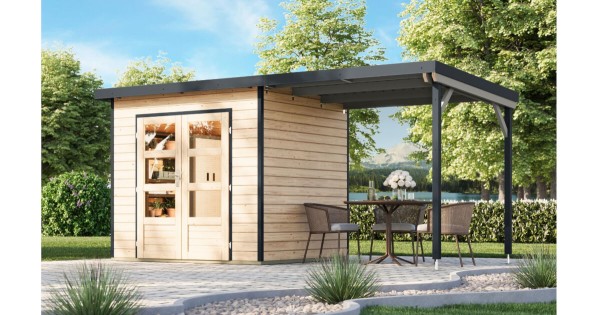 Karibu Hybrid Gartenhaus Pluto 2 A mit Anbau 2,33m 469 x 200,5 cm naturbelassen