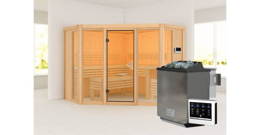 Karibu Sauna Alcinda + 9kW BIO-Kombiofen mit ext. Steuerung Easy