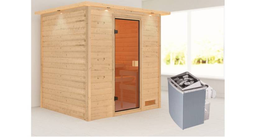 Karibu Woodfeeling Sauna Adelina mit Dachkranz + 4,5kW Saunaofen mit integrierter Steuerung