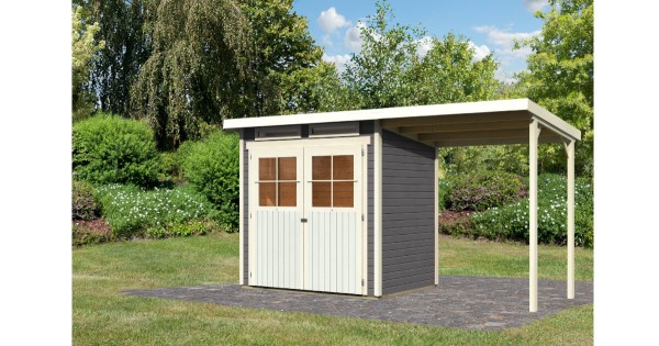 Karibu Gartenhaus 19 mm Glücksburg 2 mit Anbau 374 x 214 cm terragrau