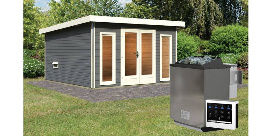 Karibu Sauna Mainburg 3 terragrau mit Vorraum + 9 kW BIO-Kombiofen mit ext. Steuerung Easy