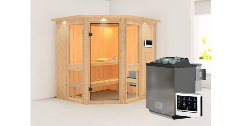 Karibu Sauna Amelia 1 mit Dachkranz + 9kW BIO-Kombiofen mit ext. Steuerung Easy