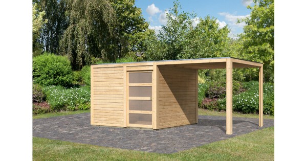 Karibu Gartenhaus 19 mm Qubic 2 mit Anbau 545 x 276 cm naturbelassen