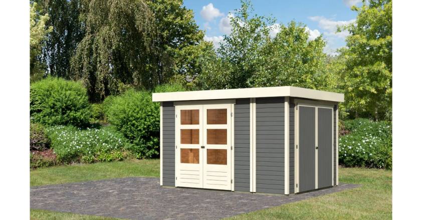 Karibu 19mm Gartenhaus Retola 4 terragrau mit Anbauschrank