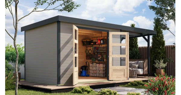 Karibu Hybridhaus Jupiter 4 D mit Anbau 299 x 214 cm wassergrau