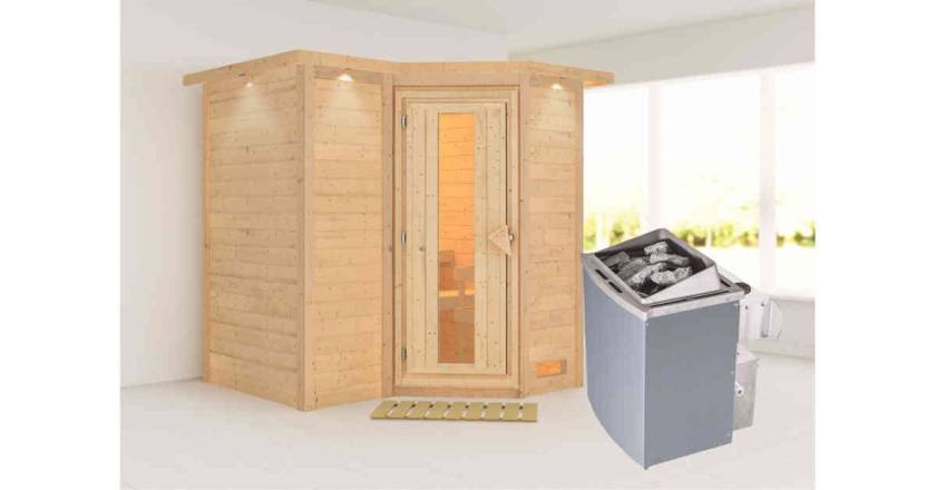 Karibu Sauna Sahib 1 mit Dachkranz + 9kW Saunaofen mit integr. Steuerung