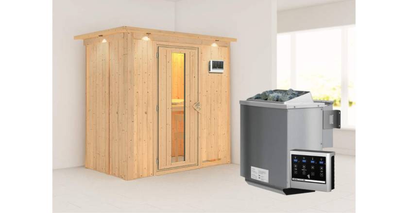 Karibu Sauna Variado mit Dachkranz + 9kW BIO-Kombiofen mit ext. Steuerung Easy