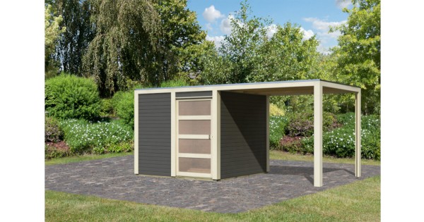 Karibu Gartenhaus 19 mm Qubic 1 mit Anbau terragrau 484 x 246 cm