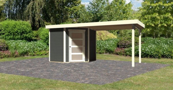 Karibu Gartenhaus 19mm Schwandorf 3 mit Anbau 2,80m Terragrau