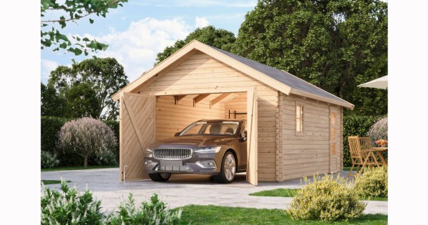 Karibu Blockhausgarage mit Tor 40 mm naturbelassen