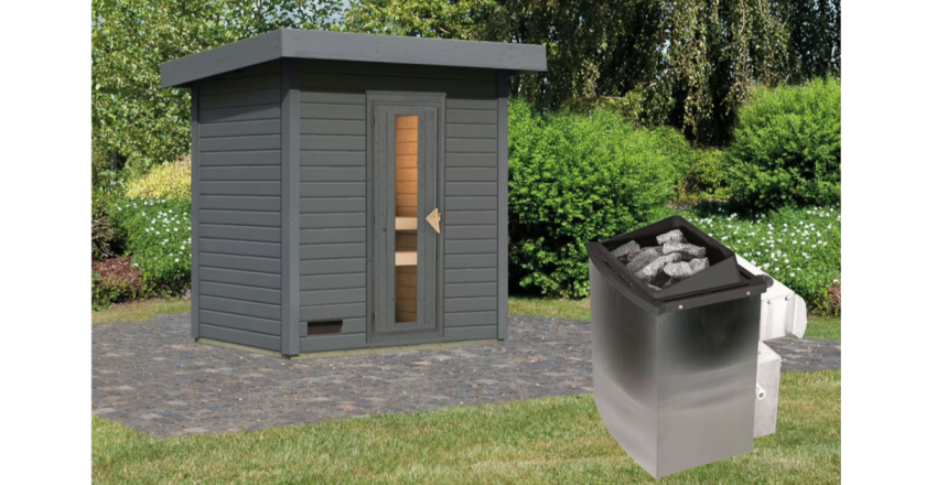 Karibu Sauna Hytti 1 terragrau mit 9 kW Ofen mit integrierter Steuerung