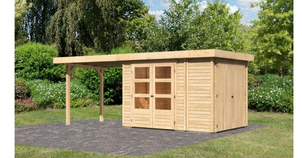 Karibu Gartenhaus Retola 2 unbehandelt 19mm mit Anbauschrank + 2,80m Anbau