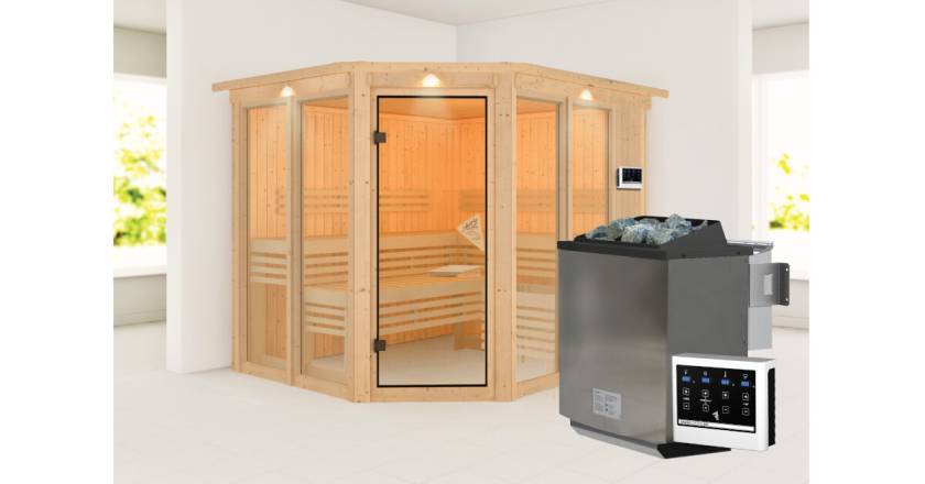 Karibu Sauna Ainur mit Dachkranz + 9kW BIO-Kombiofen mit ext. Steuerung Easy