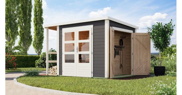 Karibu Multifunktionshaus 28mm Pultdach mit Schrank und Anbaudach terragrau