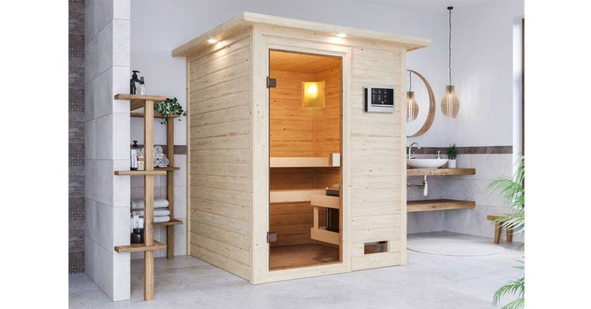 Karibu Sauna Sandra mit Dachkranz + 3,6kW Plug&Play BIO Kombi-Ofen externe Steuerung