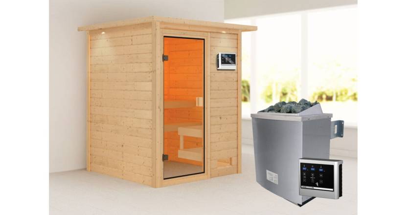 Karibu Sauna Sandra mit Dachkranz + 9kW Saunaofen mit ext. Steuerung Easy