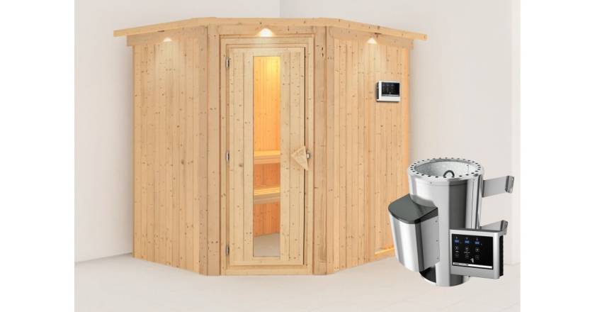 Karibu Sauna Lilja mit Dachkranz + 3,6kW Saunaofen mit ext. Steuerung Easy