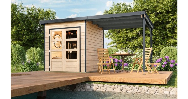 Karibu Hybrid Gartenhaus Pluto 1 A mit Anbau 2,33m 428 x 200,5 cm naturbelassen