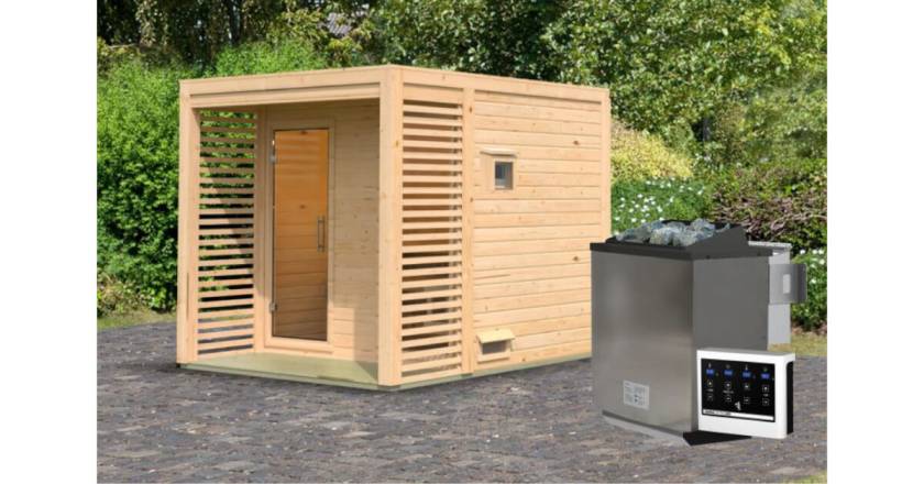 Karibu Sauna Angkor 2 naturbelassen mit 9 kW Bio-Ofen mit externer Steuerung